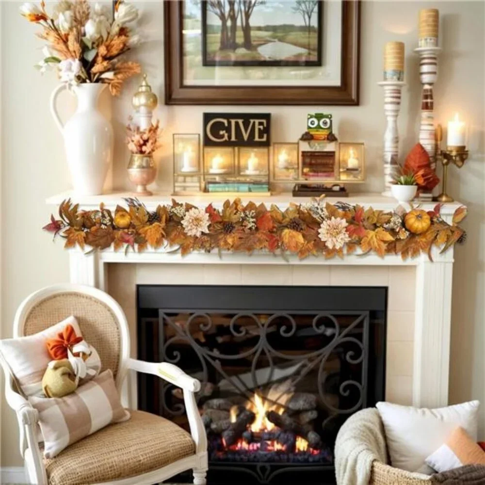 Fall Garland 6Ft Lifelike Autumn Maples Leaf Pumpkin Garland with Berries Pine